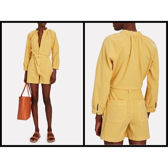 💕MOTHER DENIM💕 Gatherer Short Romper ~ So Far Gone - Rattan Yellow Size Small - Picture 2 of 16